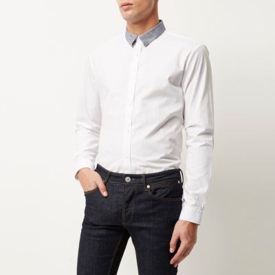 White colour block collar slim shirt